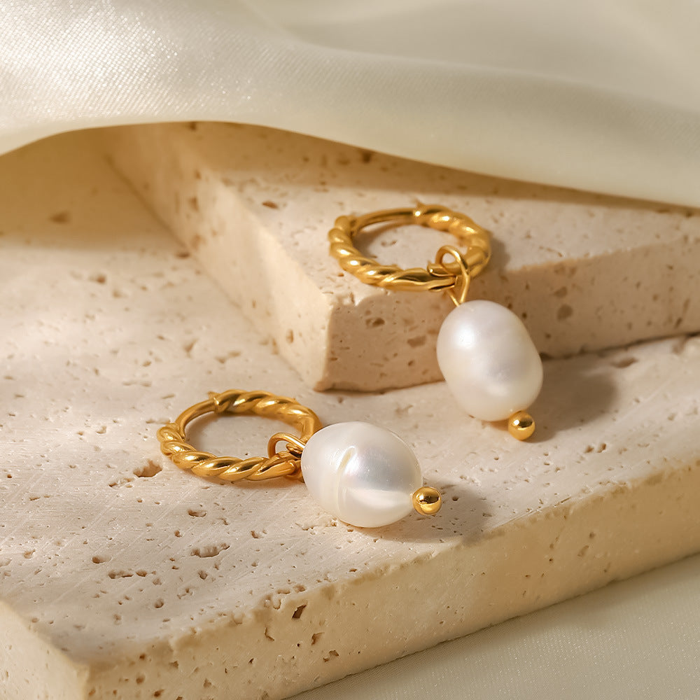 Pendientes de Aro Giratorios con Perlas de Agua Dulce - Estilo Francés
